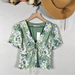 NWT Abercrombie & Fitch Floral Tie Front Blouse Flutter Sleeve Sage Green Small